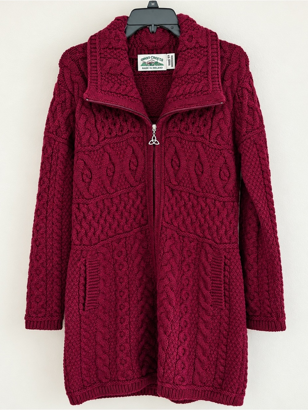 Aran Crafts Ireland 100% Merino Wool Cable Knit Long Sweater Coat Wine Size M